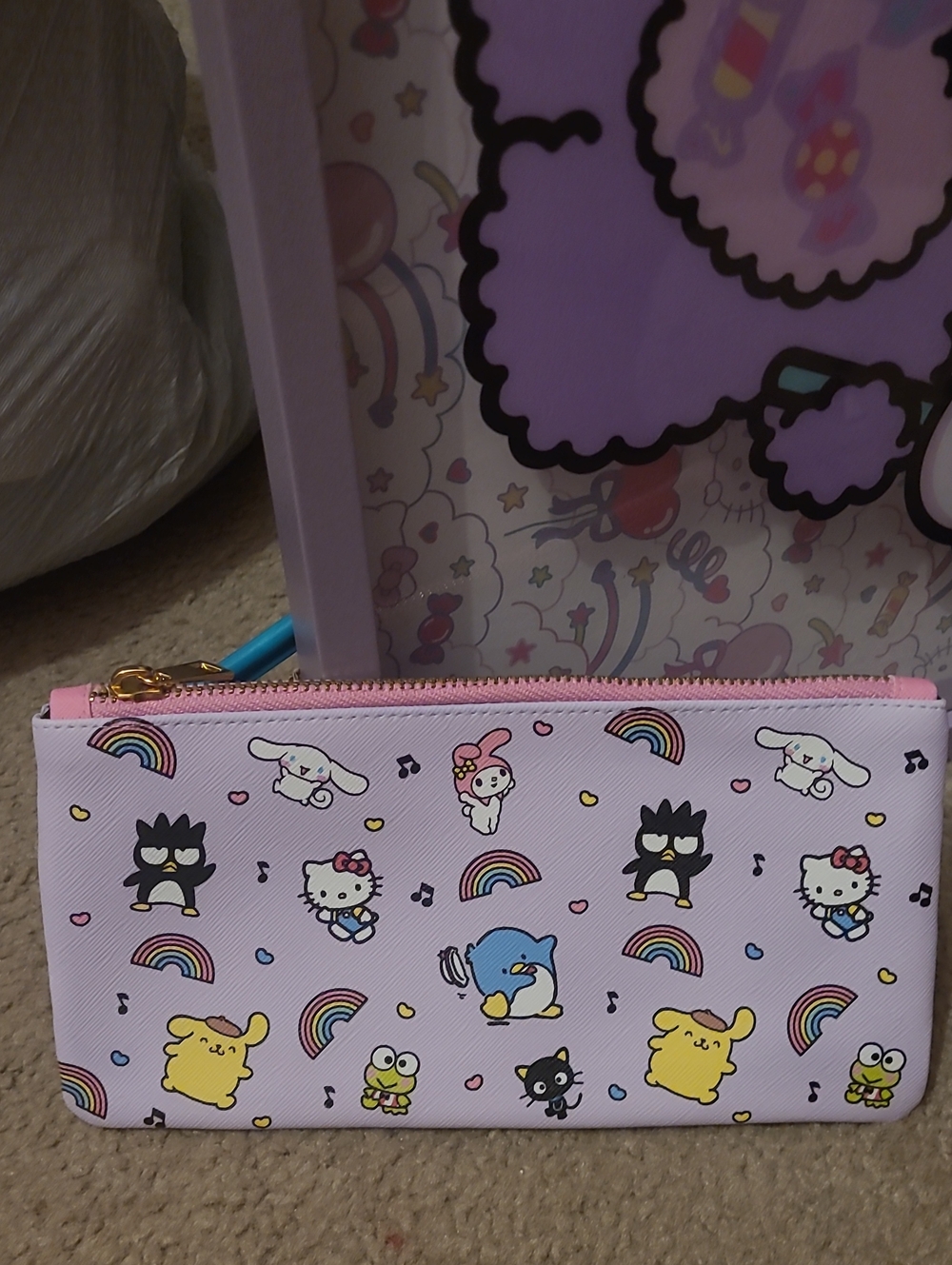 Sanrio Pastel Pink Character Zip Pouch with Rainbow Prints